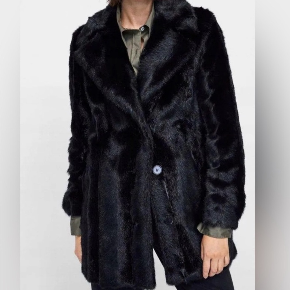 Zara NWT black lapel collar faux fur coat - Picture 3 of 10